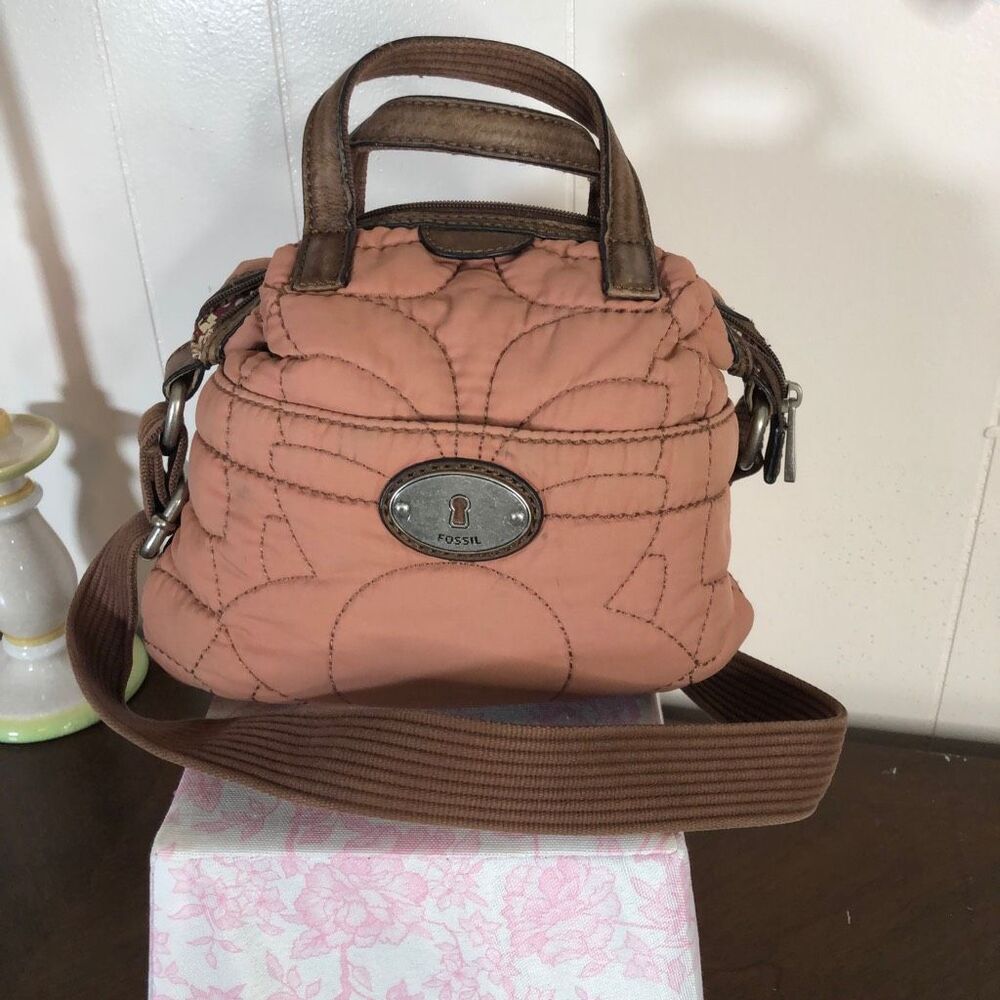 Fossil Womens  Keyper Quilted Crossbody Satchel Purse Handbag Dusty Rose Small